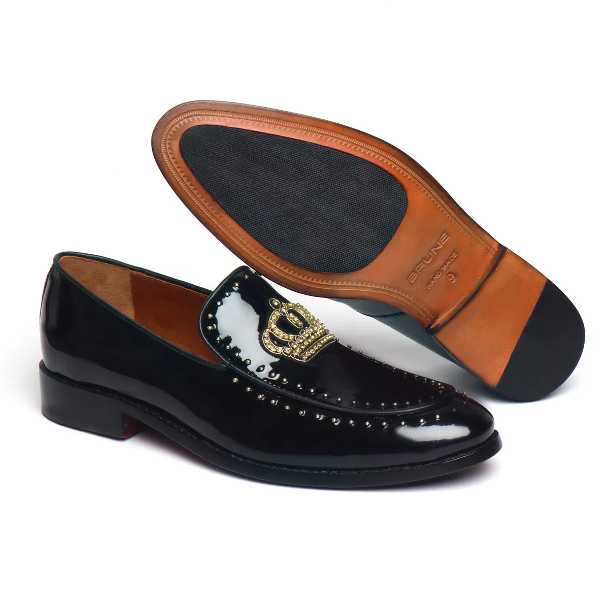 Studded Apron Leather Loafers in Black Patent Crown Zardosi