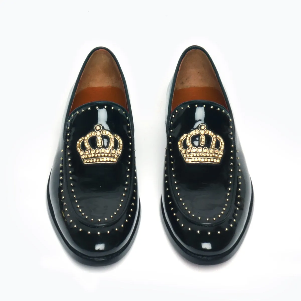 Studded Apron Leather Loafers in Black Patent Crown Zardosi