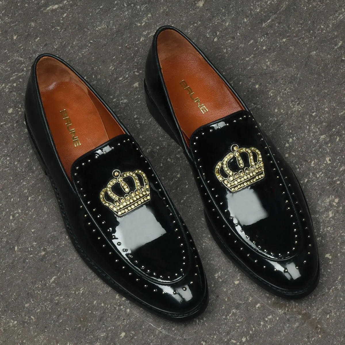 Studded Apron Leather Loafers in Black Patent Crown Zardosi