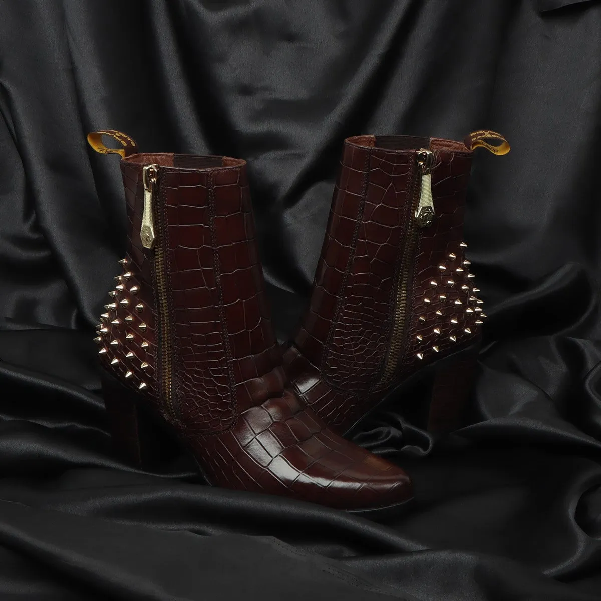 Studded Brown Boots for Ladies in Deep Cut Croco Textured Leather by Brune & Bareskin