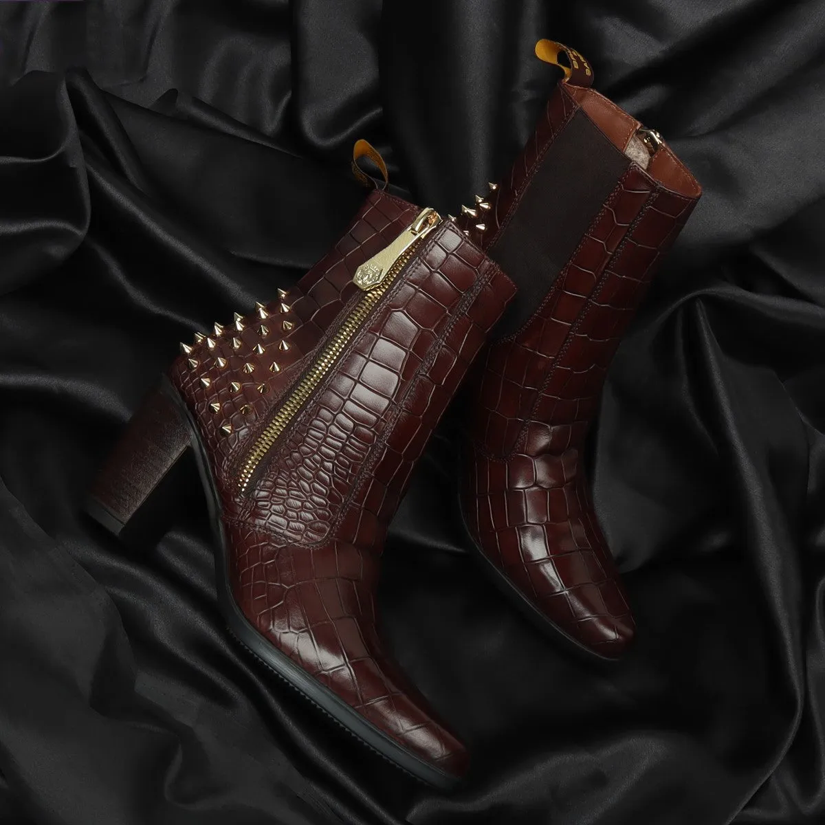 Studded Brown Boots for Ladies in Deep Cut Croco Textured Leather by Brune & Bareskin