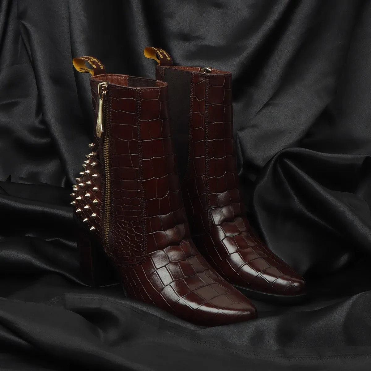 Studded Brown Boots for Ladies in Deep Cut Croco Textured Leather by Brune & Bareskin