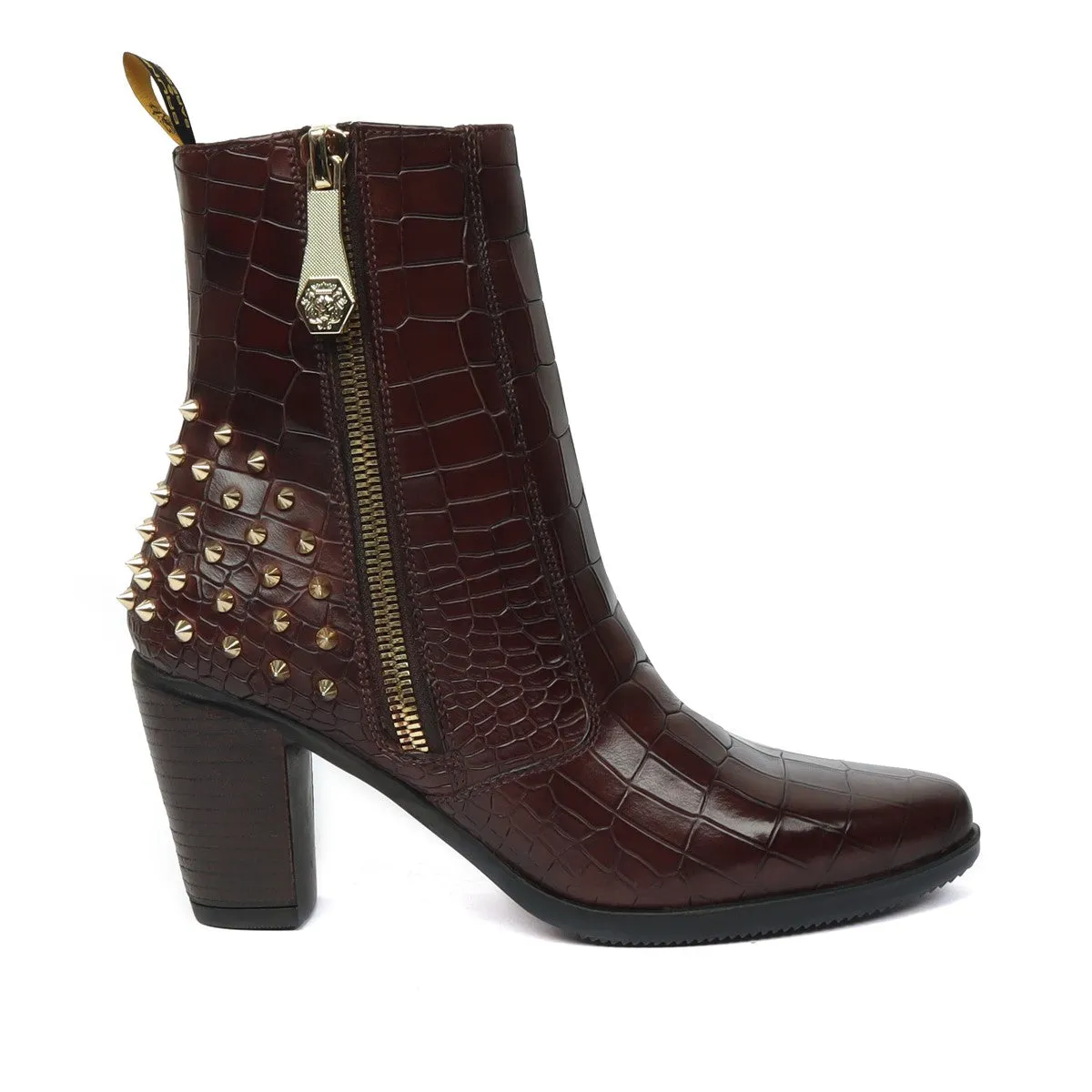 Studded Brown Boots for Ladies in Deep Cut Croco Textured Leather by Brune & Bareskin