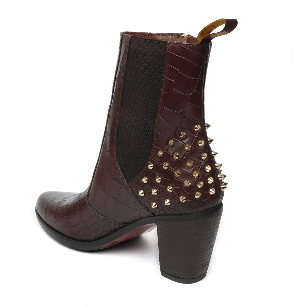 Studded Brown Boots for Ladies in Deep Cut Croco Textured Leather by Brune & Bareskin