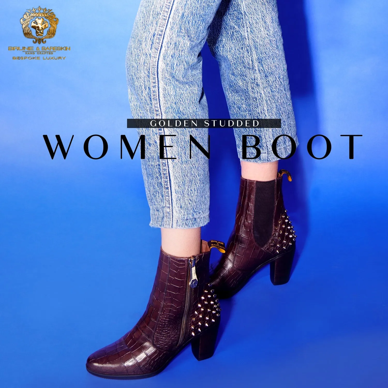 Studded Brown Boots for Ladies in Deep Cut Croco Textured Leather by Brune & Bareskin