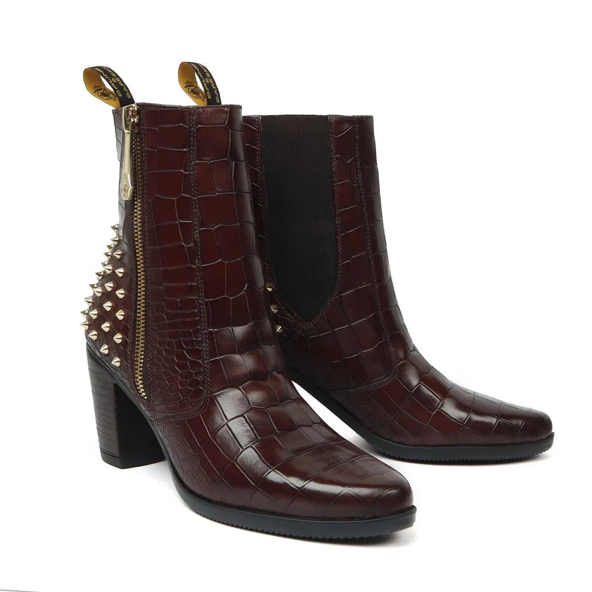 Studded Brown Boots for Ladies in Deep Cut Croco Textured Leather by Brune & Bareskin