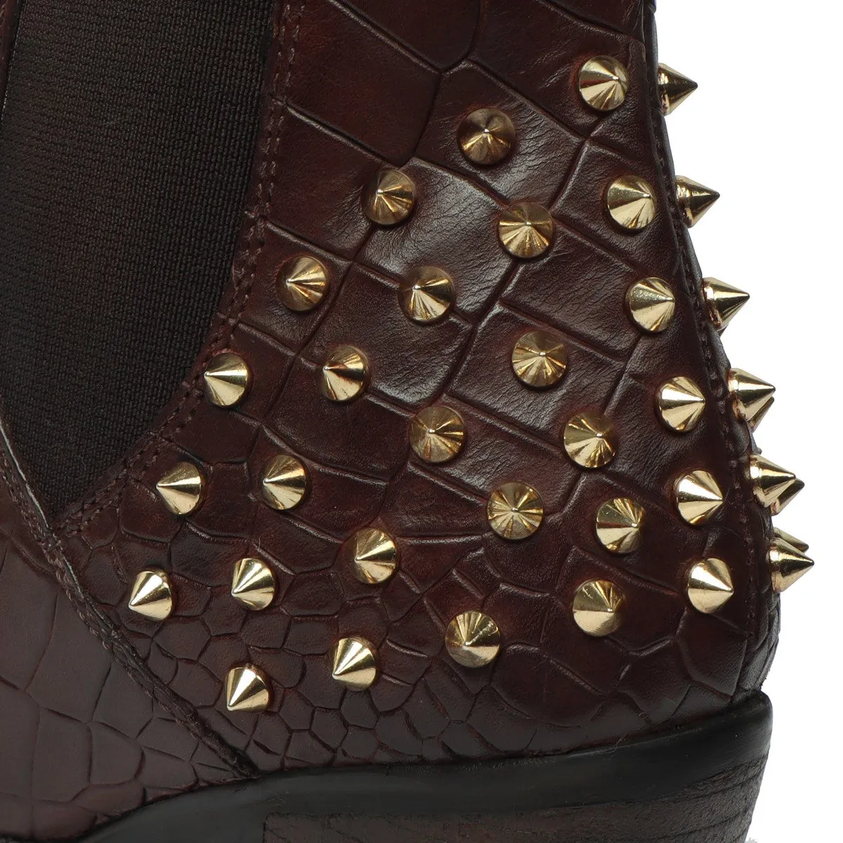 Studded Brown Boots for Ladies in Deep Cut Croco Textured Leather by Brune & Bareskin