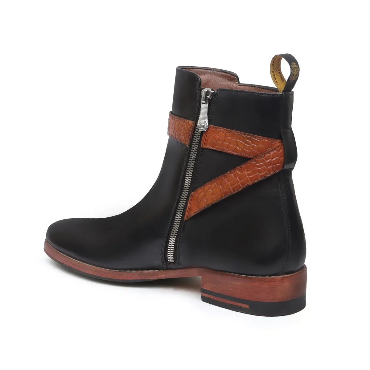 Tan Croco Leather Wrapped Strap Black Leather Bryce Boots by Brune & Bareskin