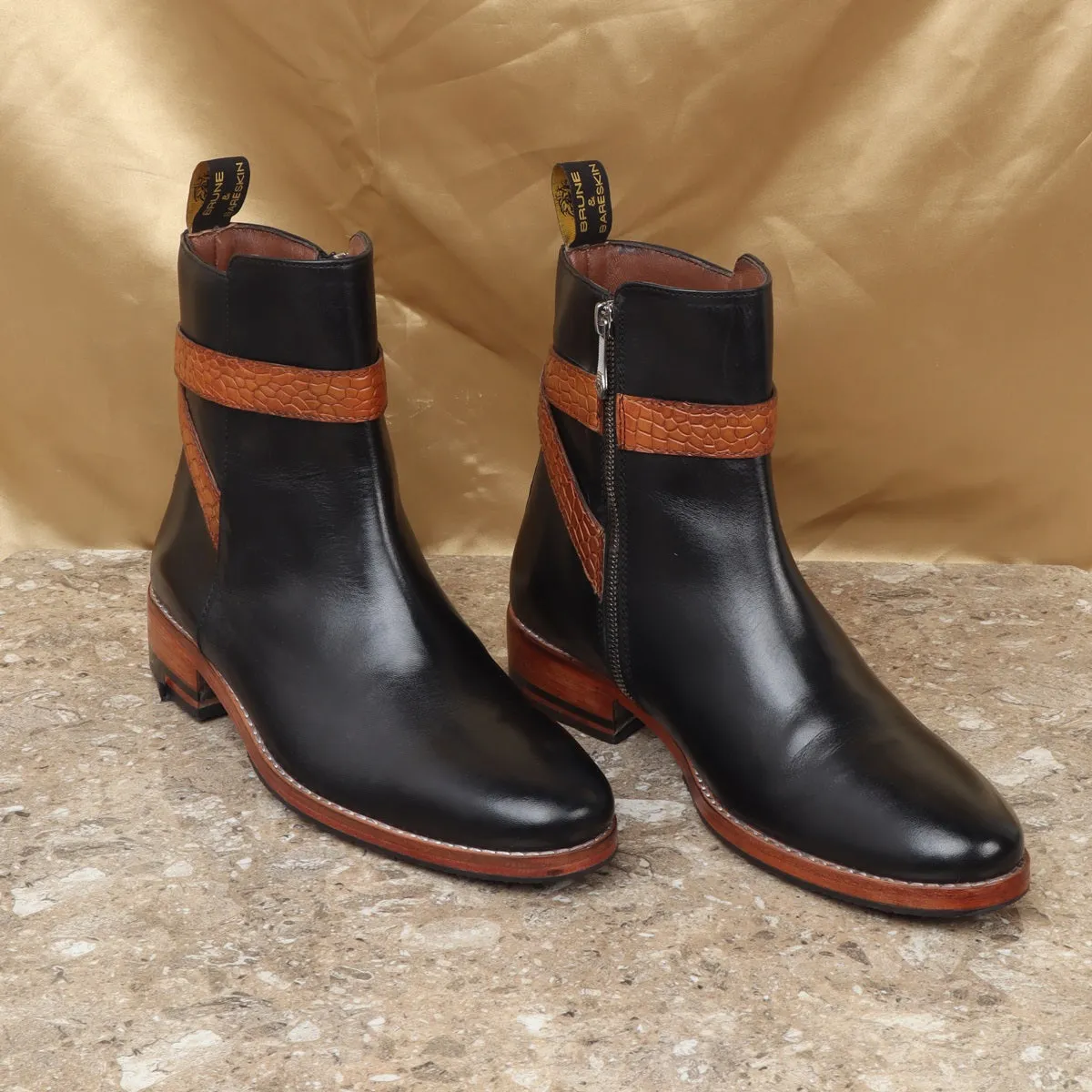 Tan Croco Leather Wrapped Strap Black Leather Bryce Boots by Brune & Bareskin