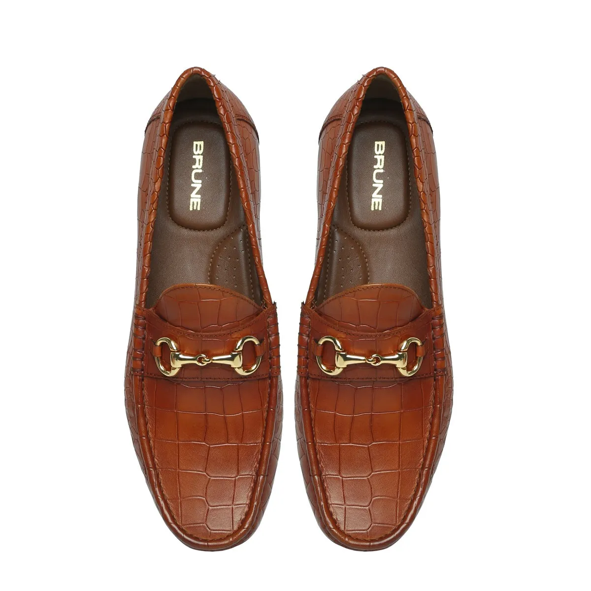 Tan Croco Texture Leather Loafers with Horse-Bit Buckle