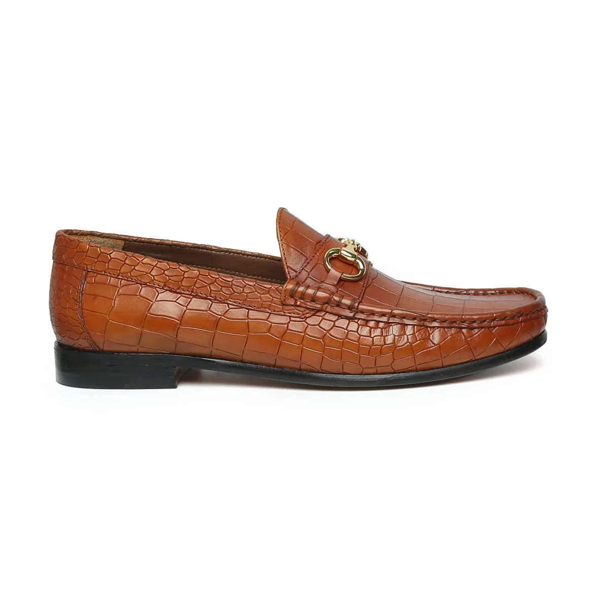 Tan Croco Texture Leather Loafers with Horse-Bit Buckle