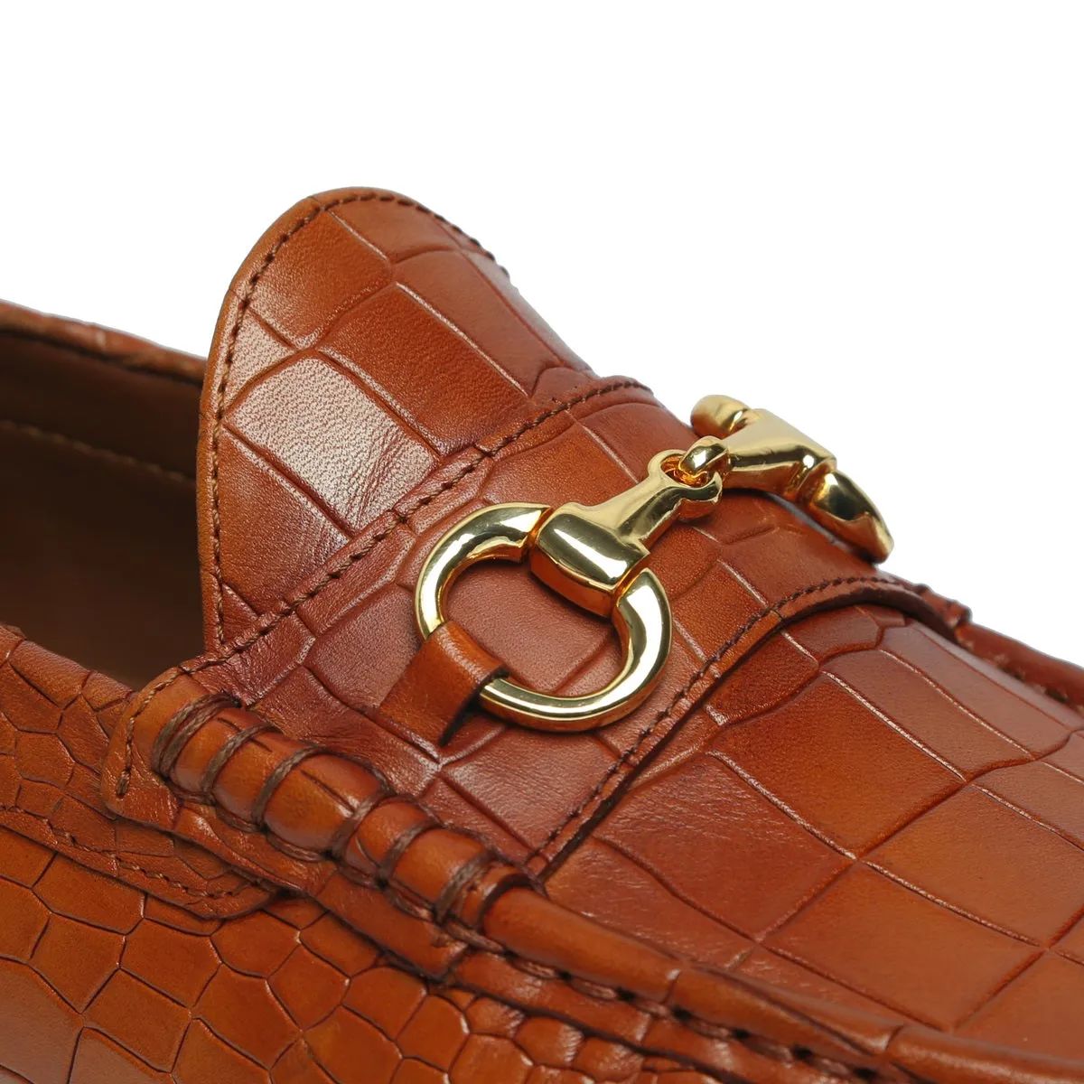 Tan Croco Texture Leather Loafers with Horse-Bit Buckle