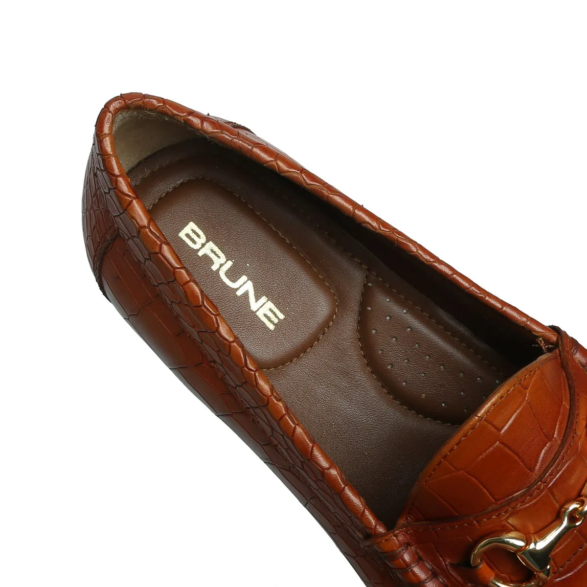 Tan Croco Texture Leather Loafers with Horse-Bit Buckle