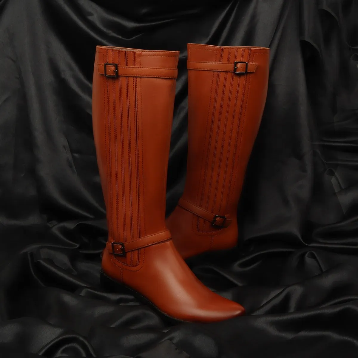 Tan Fixed Buckle Straps Stitched Leather Elastic Zip Long Ladies Boots