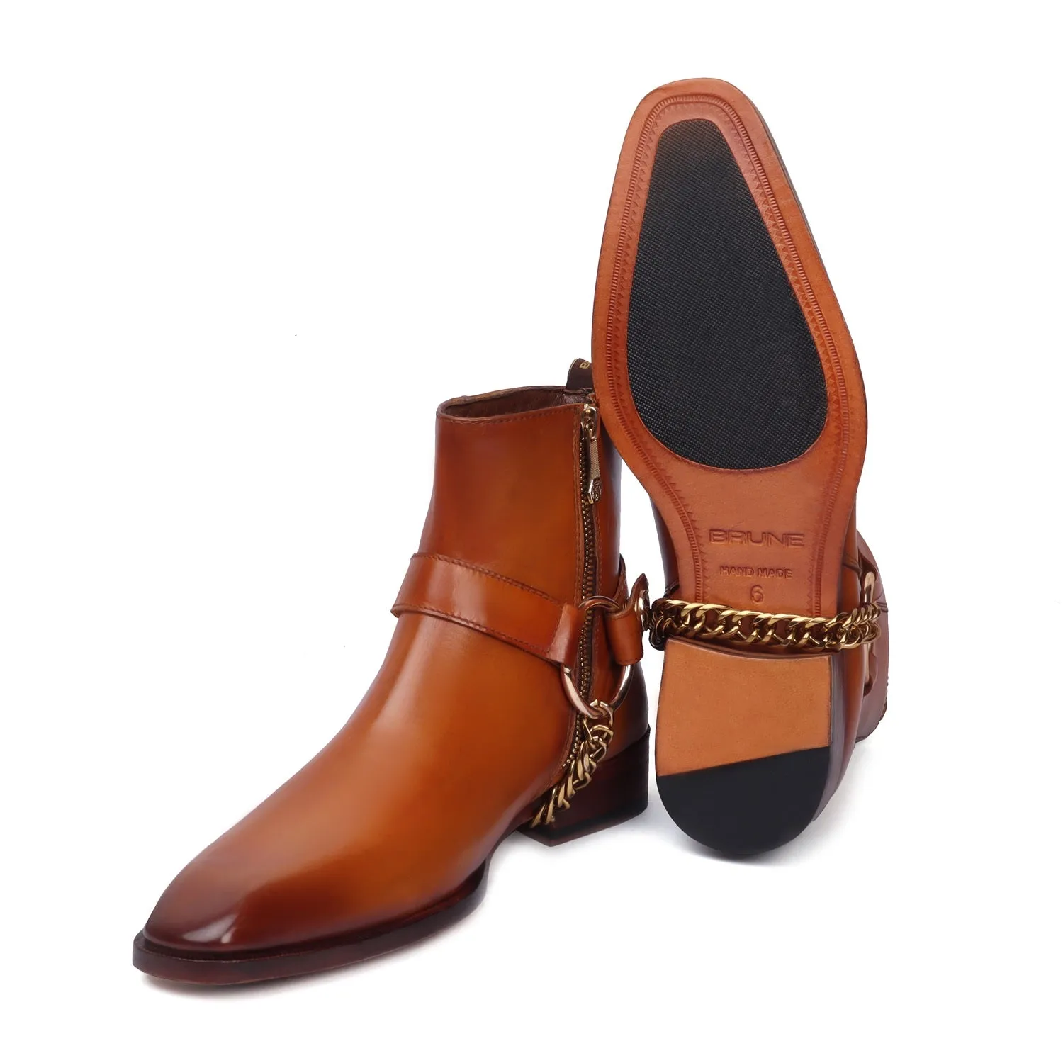 Tan Hand Made Chelsea Boots with Side Zip Leather & Stylish Golden Chain by Brune & Bareskin