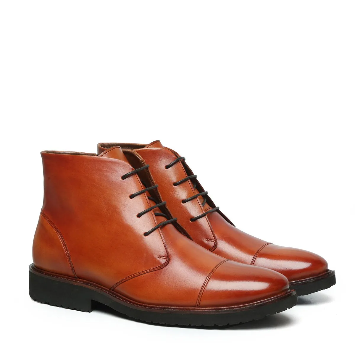 Tan Leather Cap Toe Chukka Boots with Zip & Light Weight Sole