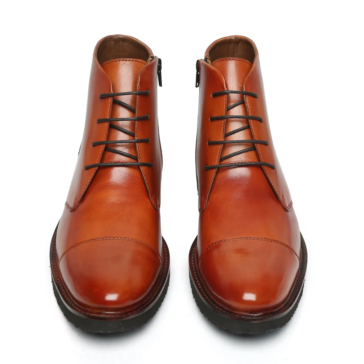 Tan Leather Cap Toe Chukka Boots with Zip & Light Weight Sole