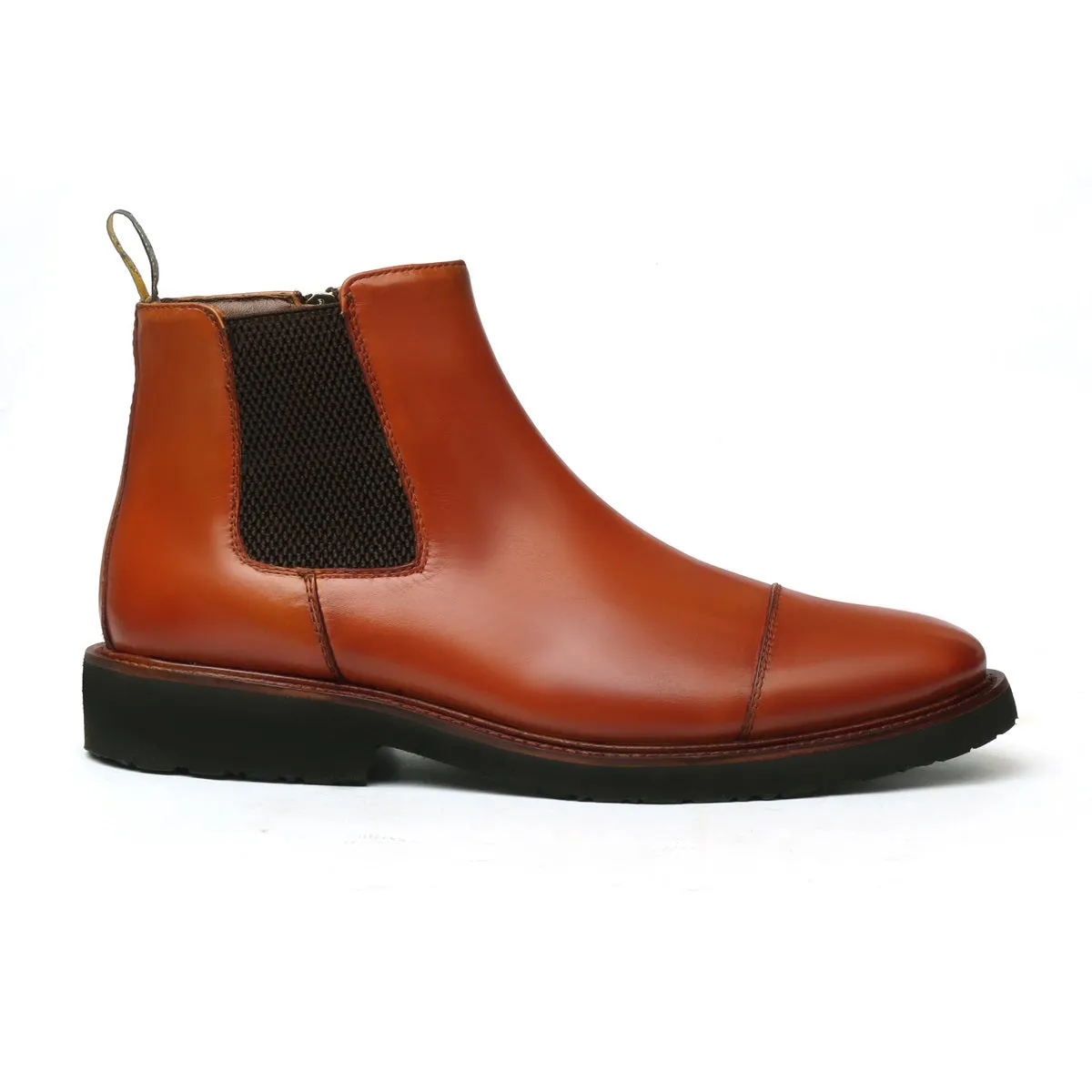 Tan Leather High Ankle Chelsea Boots Leather Sole with Toe Cap Stitching by Brune & Bareskin