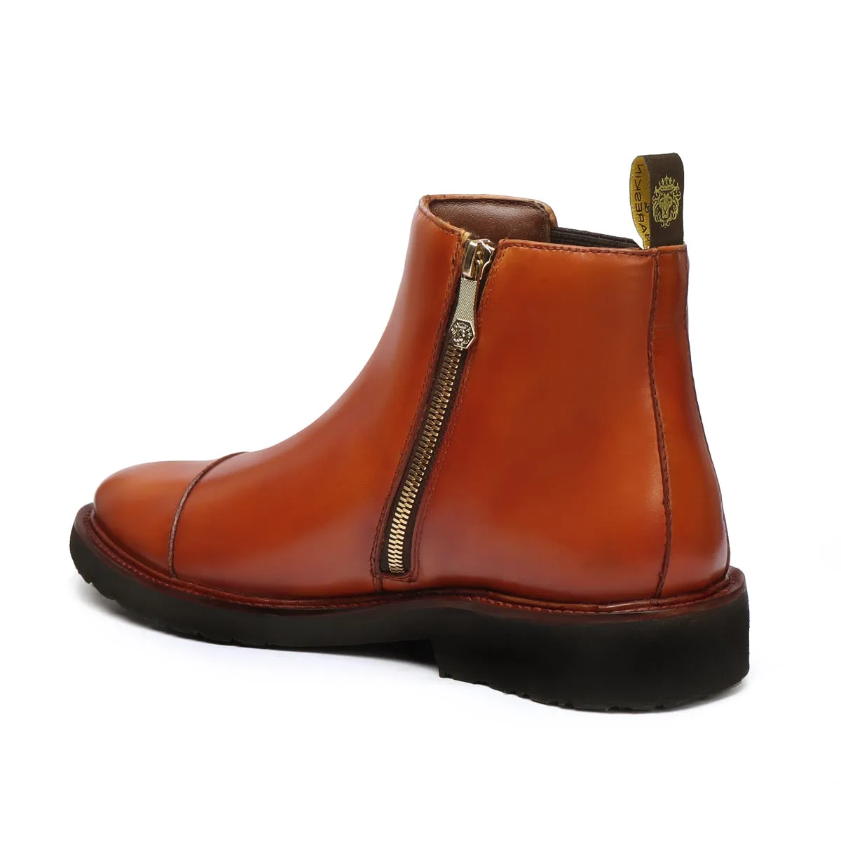 Tan Leather High Ankle Chelsea Boots Leather Sole with Toe Cap Stitching by Brune & Bareskin