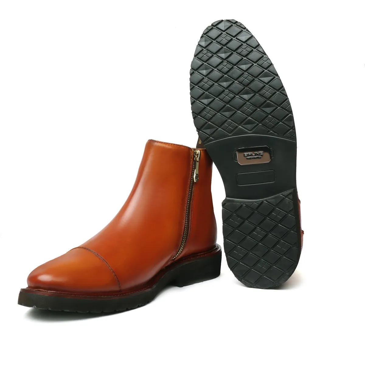 Tan Leather High Ankle Chelsea Boots Leather Sole with Toe Cap Stitching by Brune & Bareskin