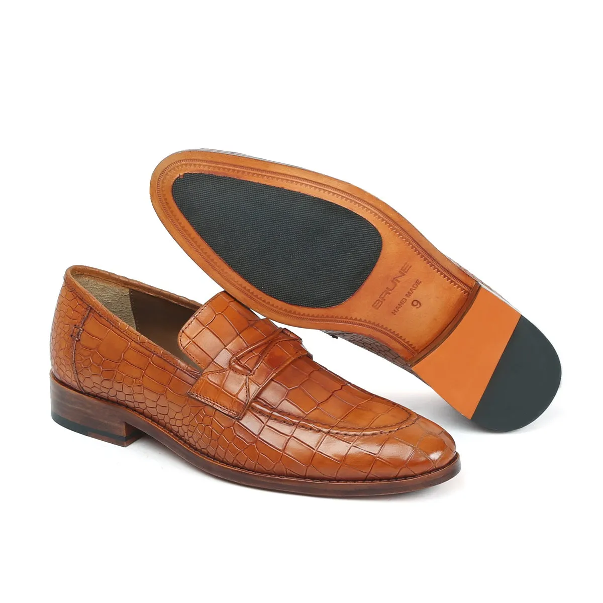 Tan Mod Look Loafers Deep Cut Leather with Leather Sole