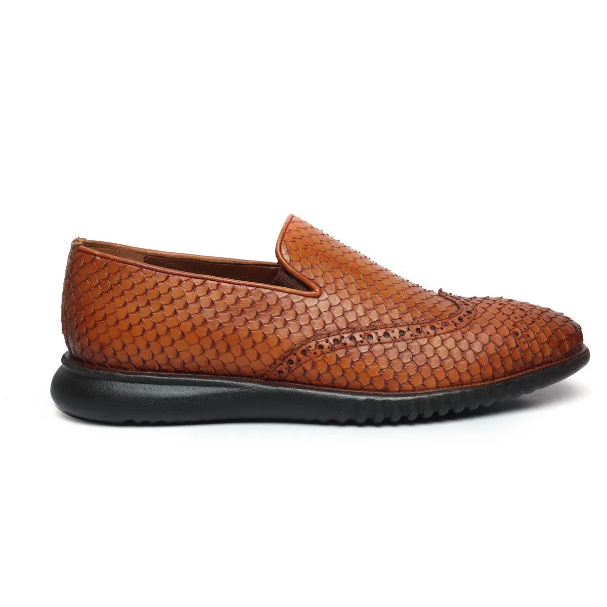 Tan Snake Skin Textured Burnished Leather Wingtip Light Weight Loafers By Brune & Bareskin