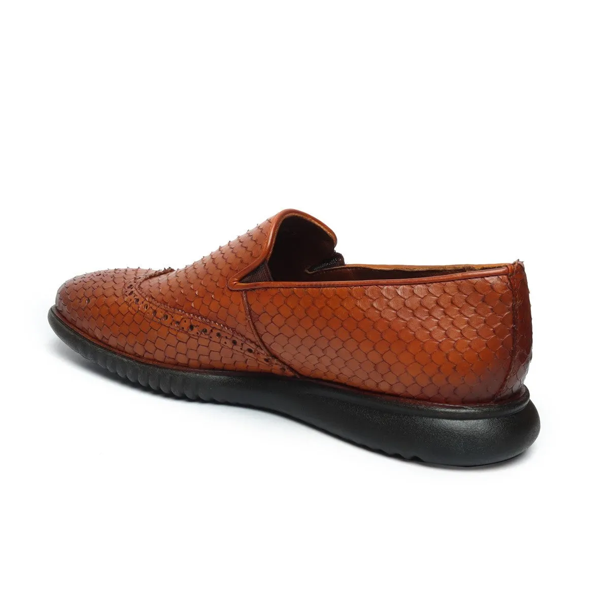 Tan Snake Skin Textured Burnished Leather Wingtip Light Weight Loafers By Brune & Bareskin