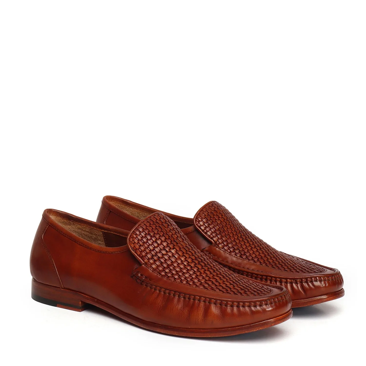 Tan Weaved Vamp Leather Loafers