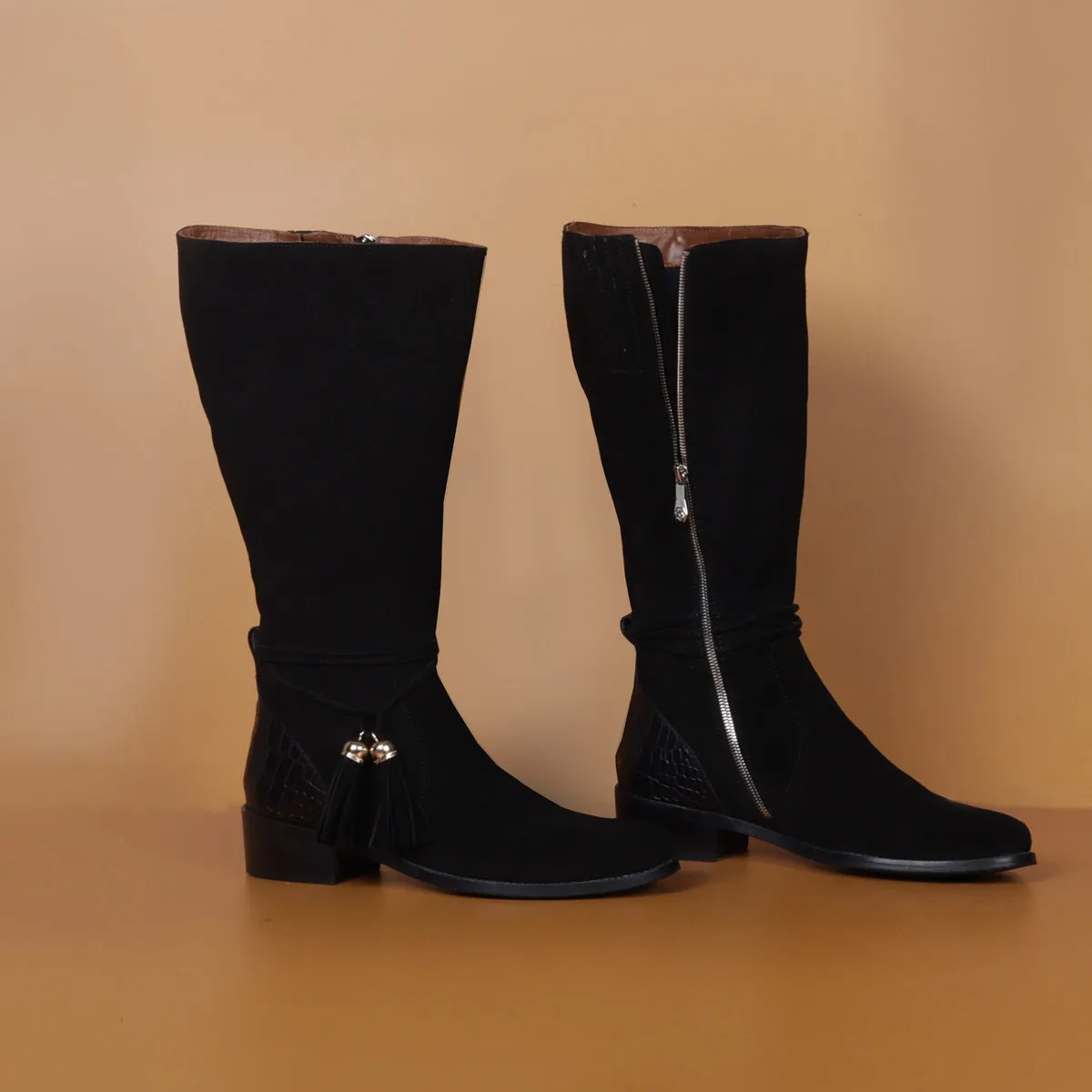 Tassel Black Suede Leather Croco Ankle Trim with Side Zip High Ankle Ladies Boots By Brune & Bareskin