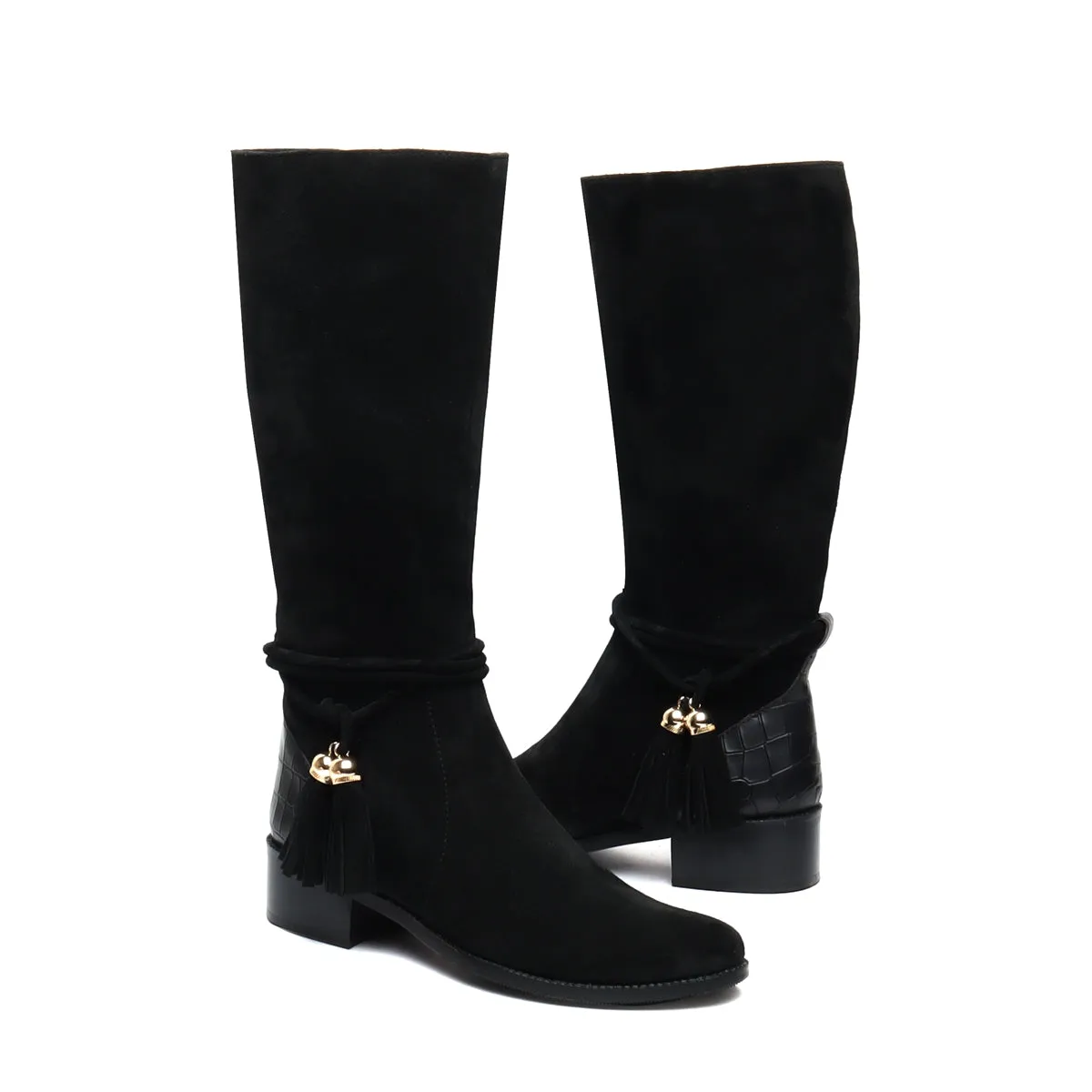 Tassel Black Suede Leather Croco Ankle Trim with Side Zip High Ankle Ladies Boots By Brune & Bareskin