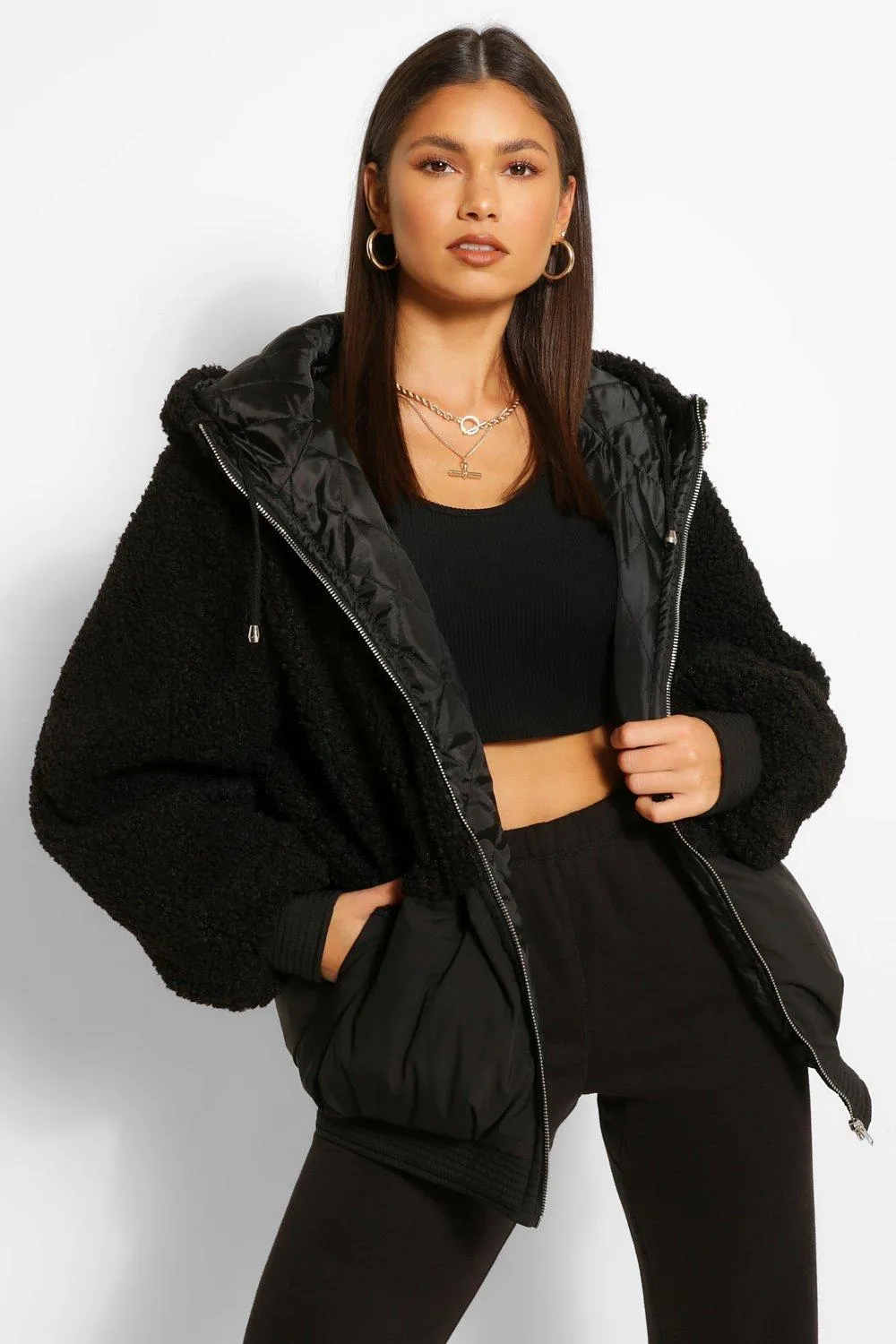 Teddy Faux Fur Panel Puffer Jacket