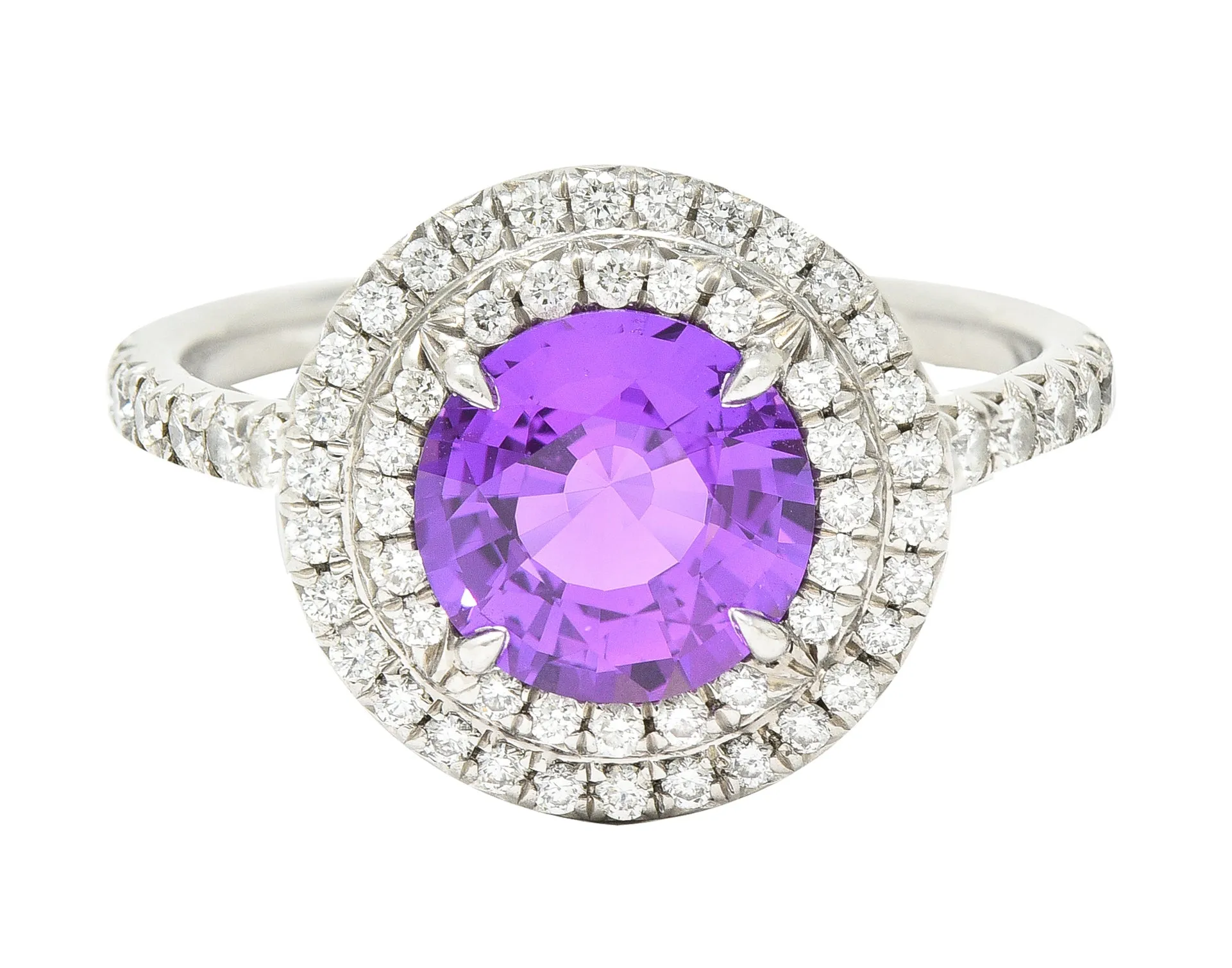 Tiffany & Co. Contemporary 2.52 CTW Pink Sapphire Diamond Platinum Soleste Double Halo Gemstone Ring