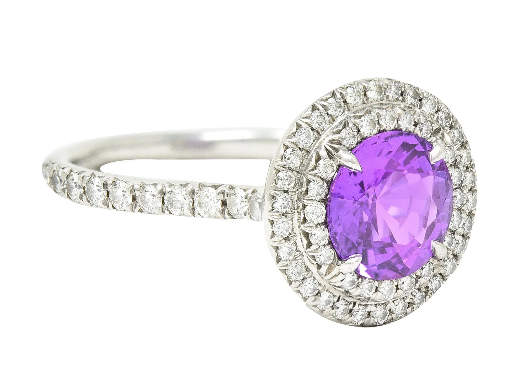 Tiffany & Co. Contemporary 2.52 CTW Pink Sapphire Diamond Platinum Soleste Double Halo Gemstone Ring