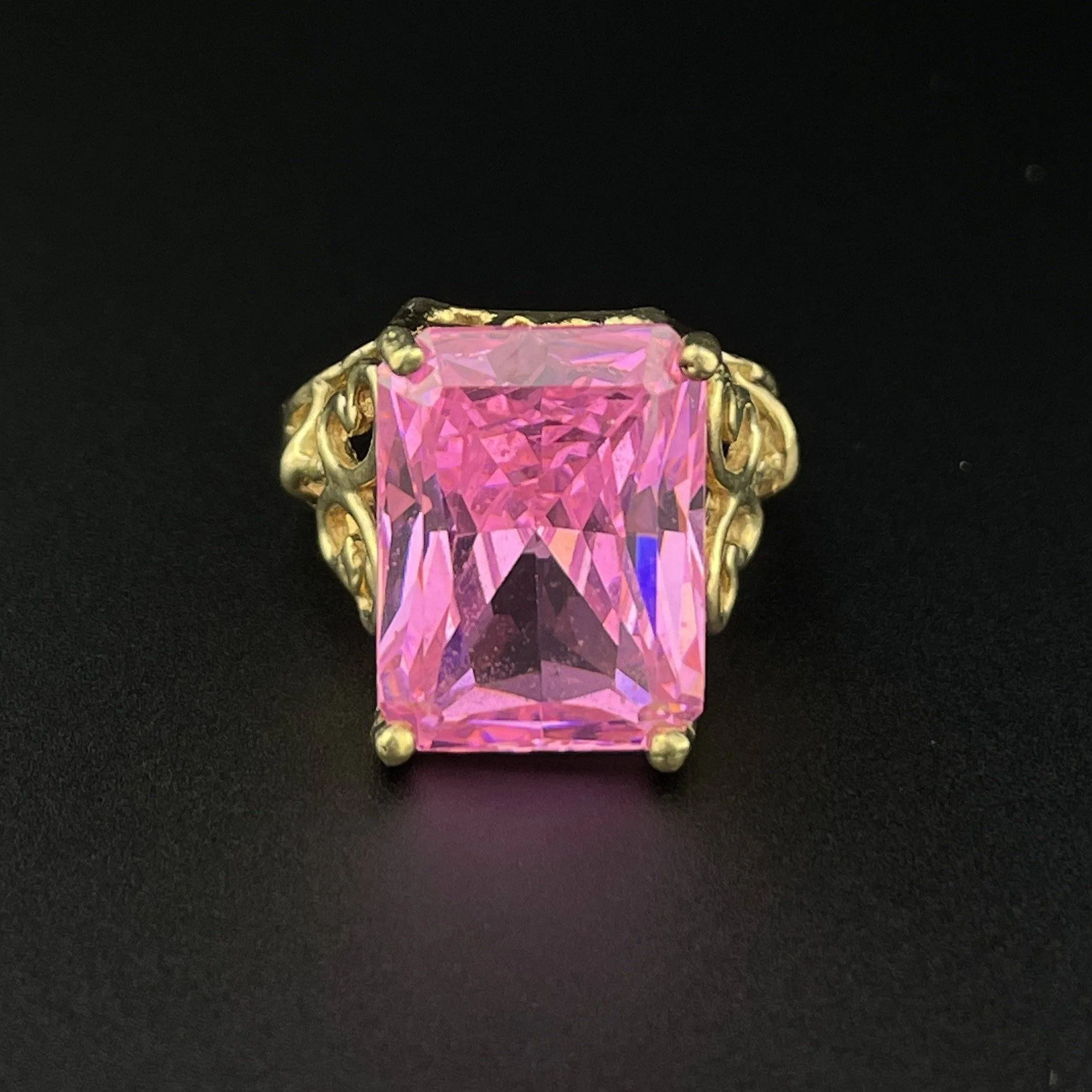 Vintage 10K Gold Simulated Pink Sapphire Step Cut Ring, Sz 7.5