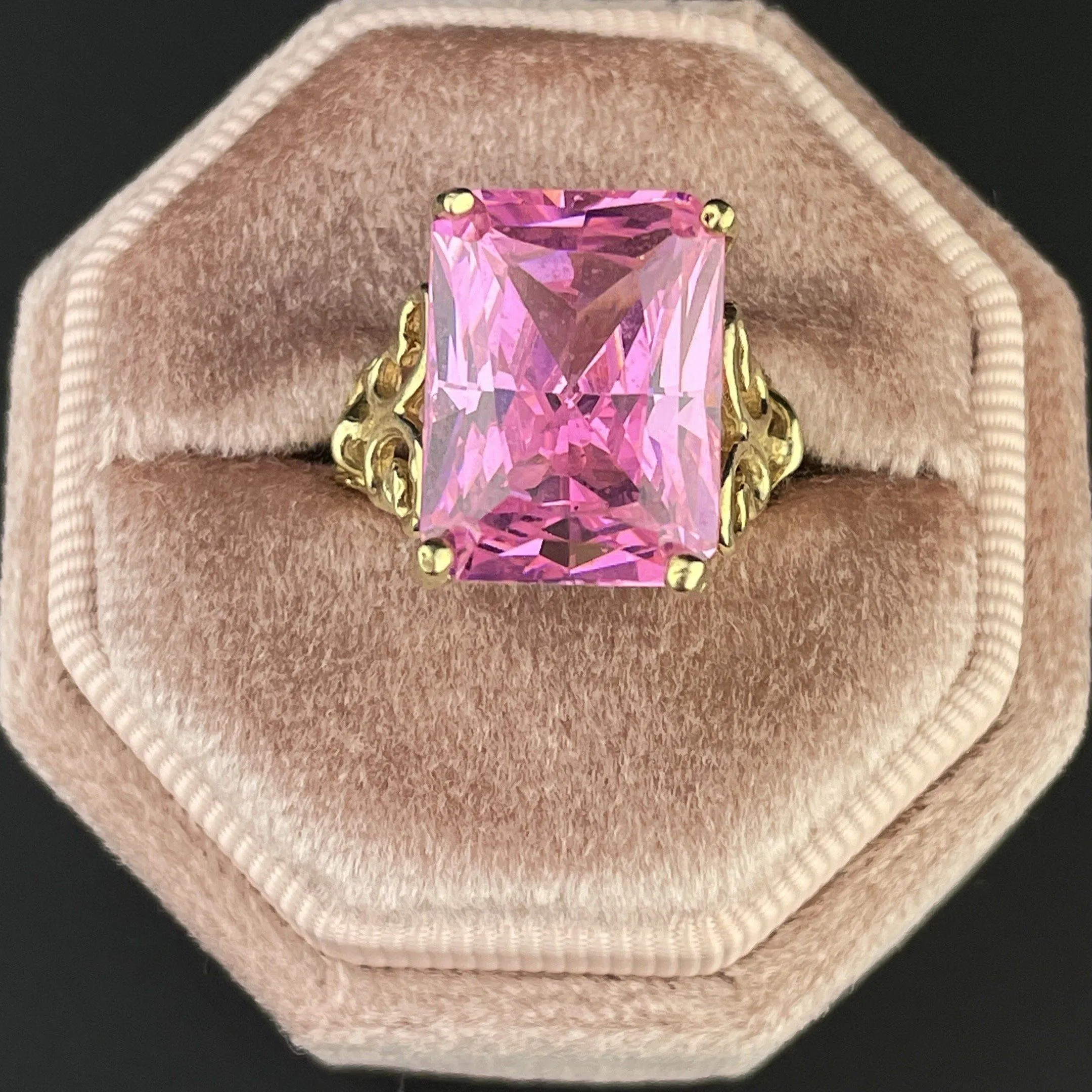 Vintage 10K Gold Simulated Pink Sapphire Step Cut Ring, Sz 7.5