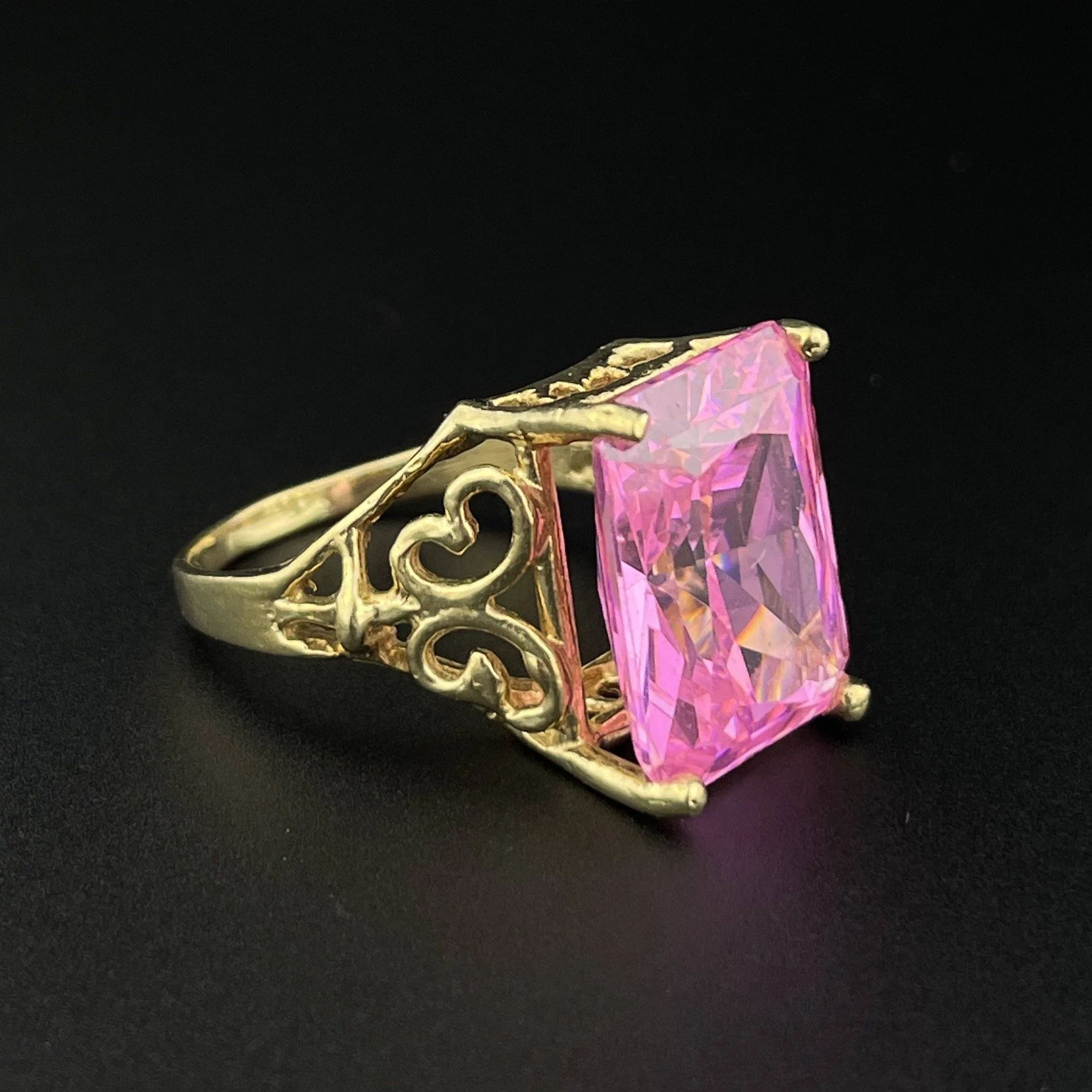 Vintage 10K Gold Simulated Pink Sapphire Step Cut Ring, Sz 7.5