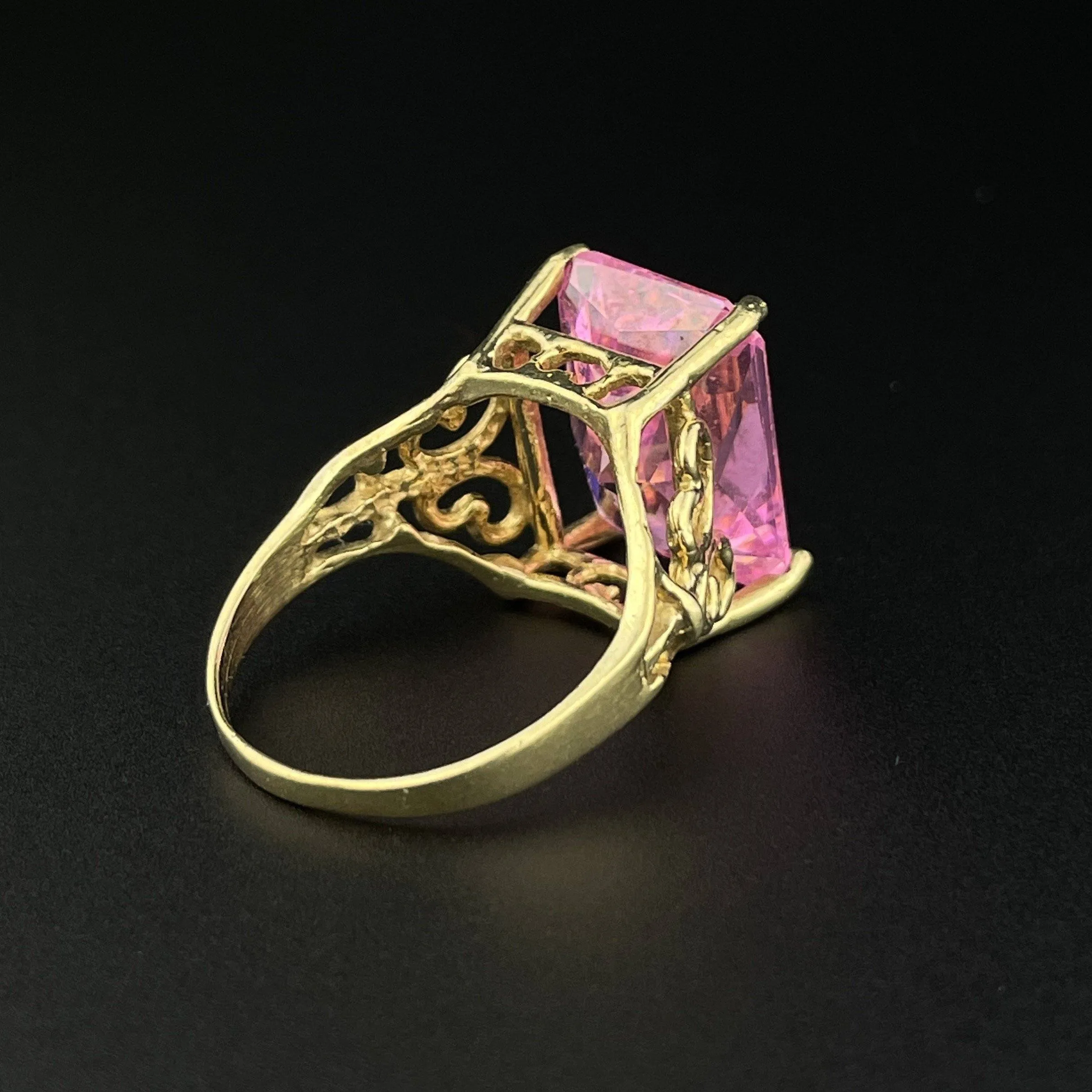 Vintage 10K Gold Simulated Pink Sapphire Step Cut Ring, Sz 7.5