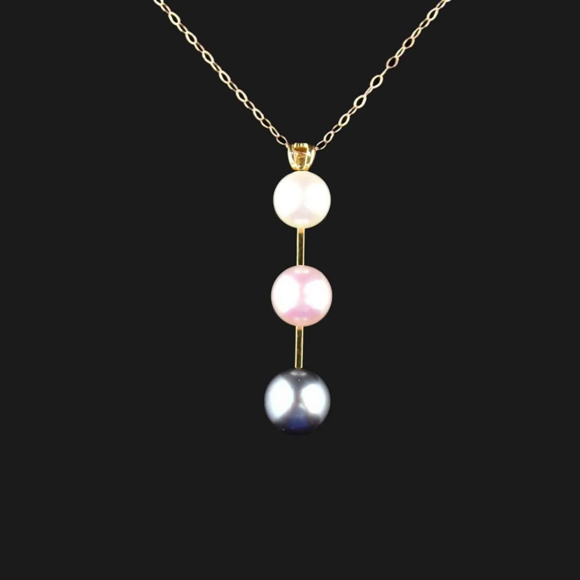 Vintage 10K Gold White Pink Black Pearl Bar Pendant Necklace