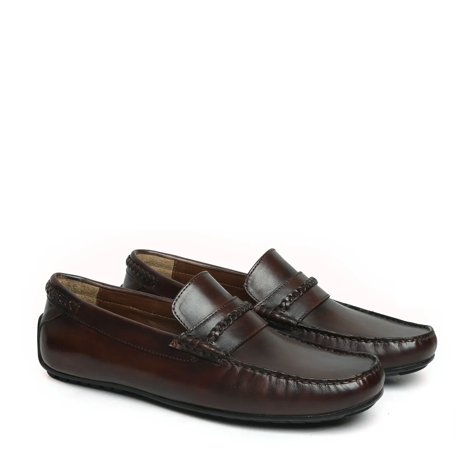 Weaved Moccasin Loafers Dark Brown Leather