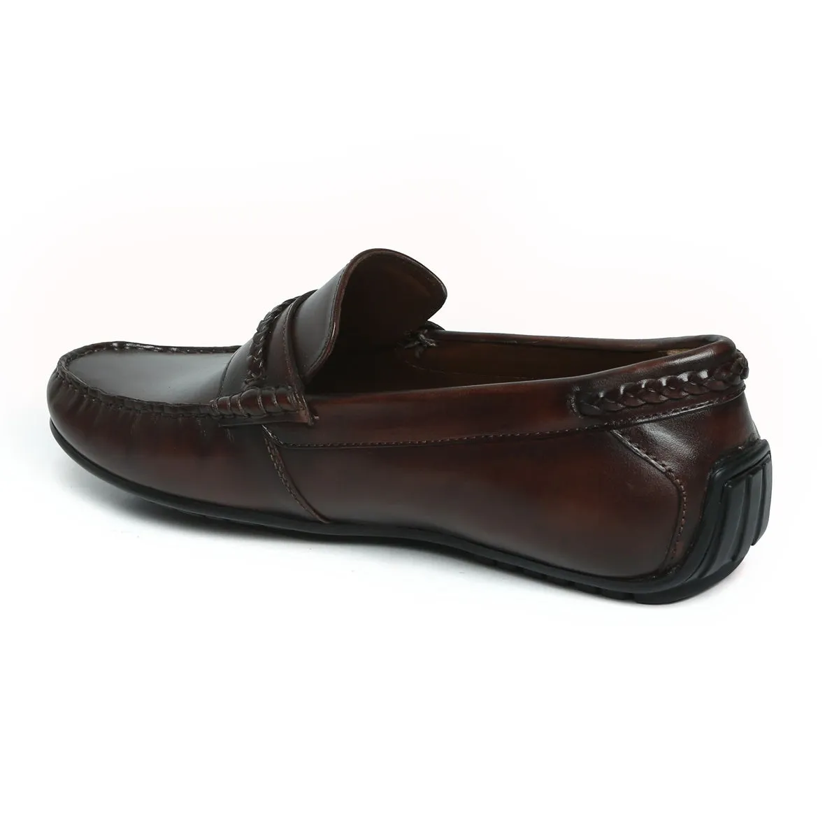 Weaved Moccasin Loafers Dark Brown Leather