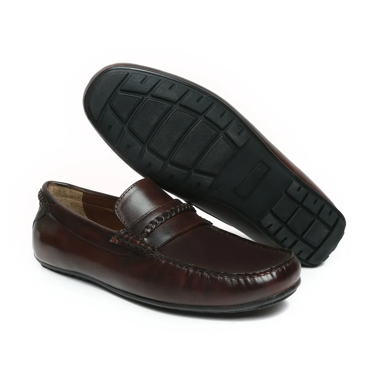 Weaved Moccasin Loafers Dark Brown Leather