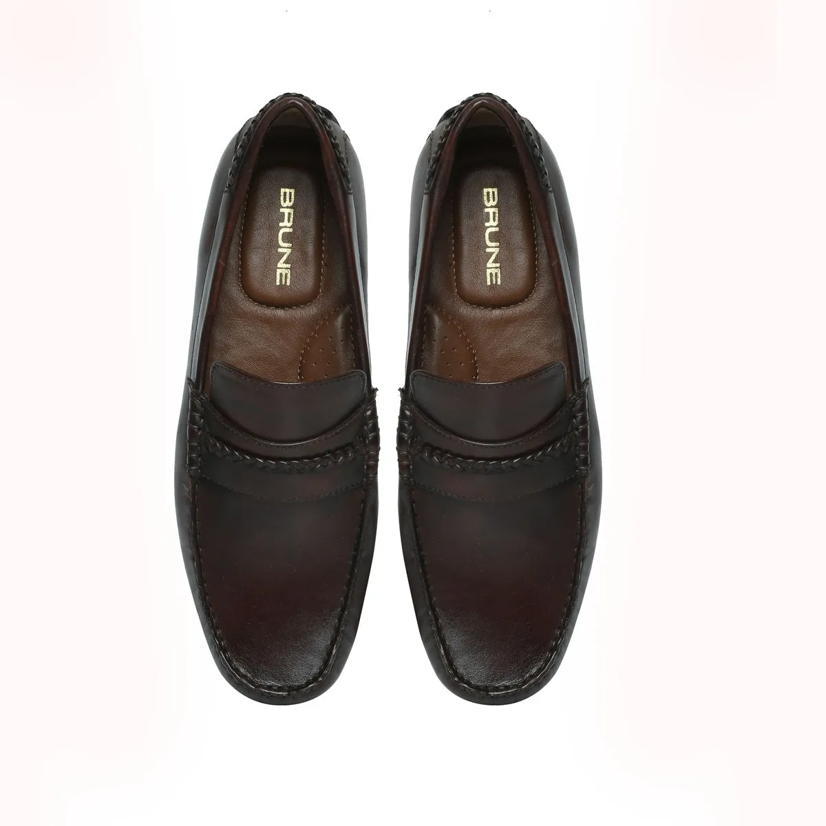 Weaved Moccasin Loafers Dark Brown Leather