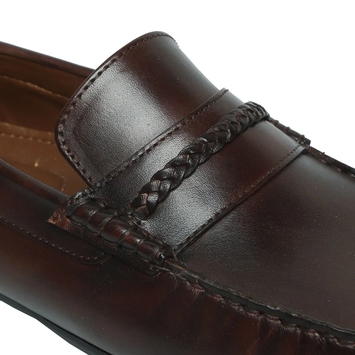 Weaved Moccasin Loafers Dark Brown Leather