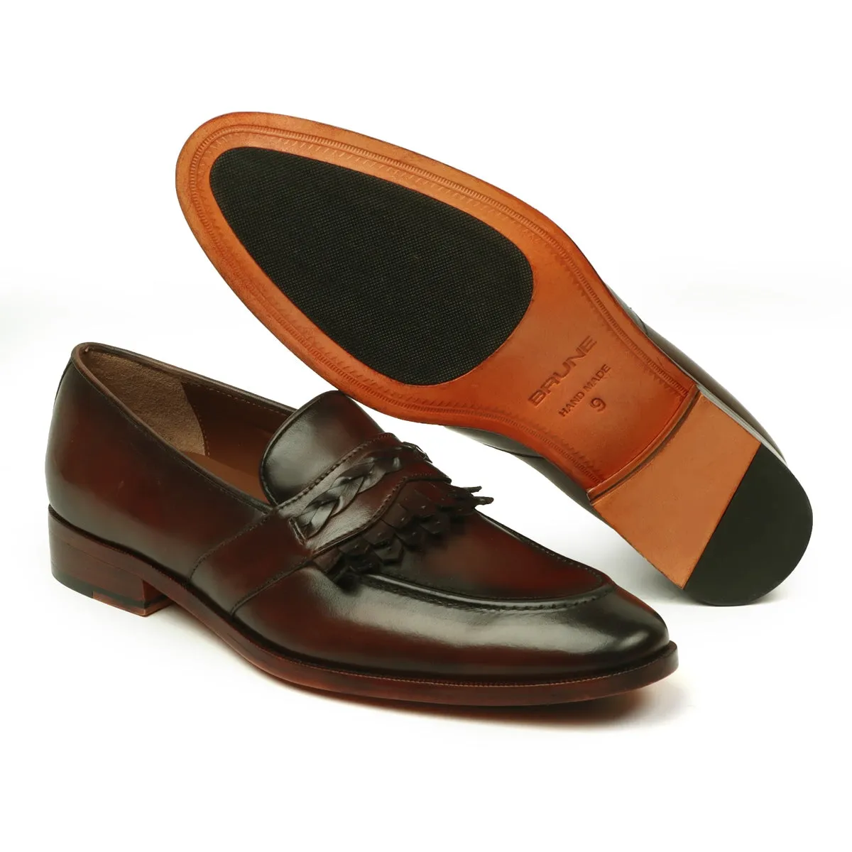 Weaved Strip Slip-On Loafers in Dark Brown Leather with Dual Fringes by Brune & Bareskin