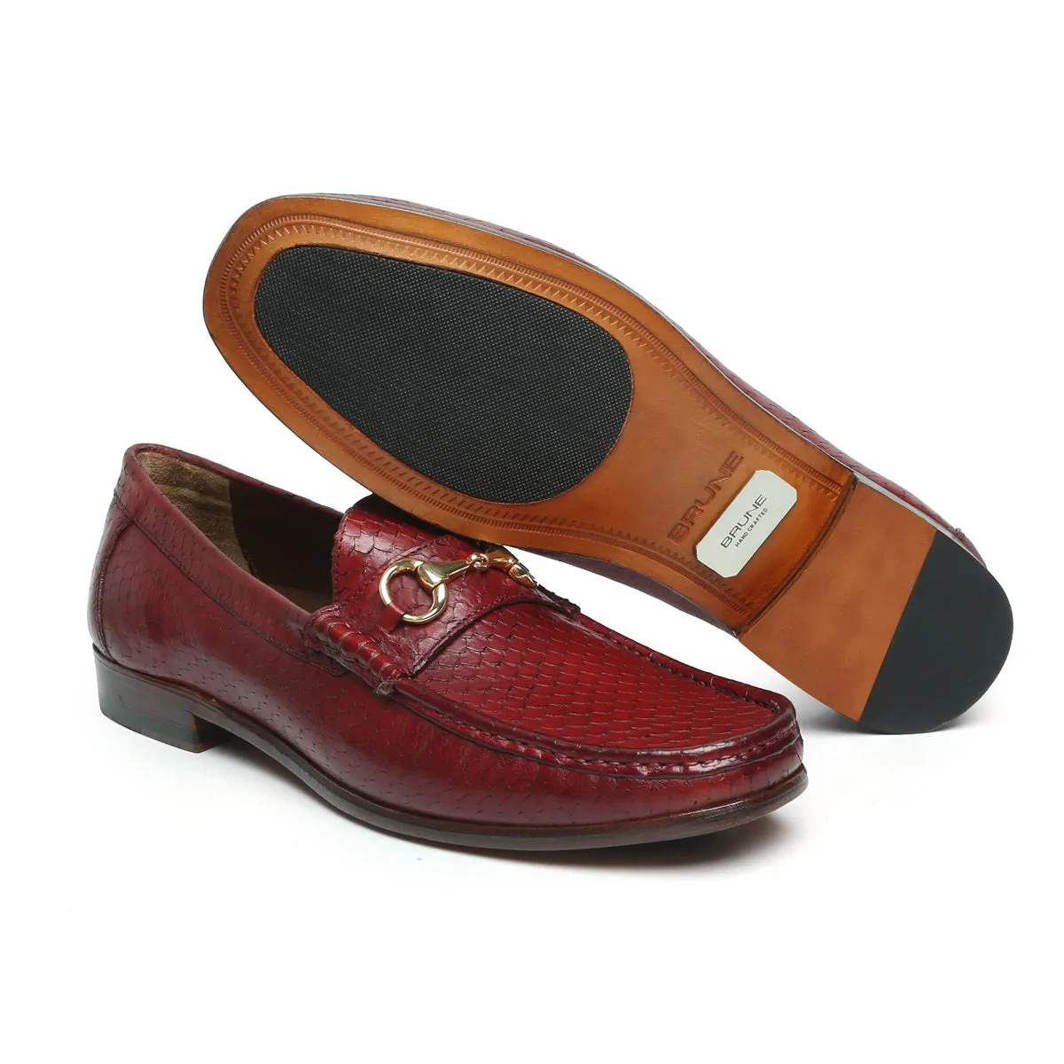 Wine Horsebit Snake Scales Leather Loafers with Leather Sole by Brune & Bareskin