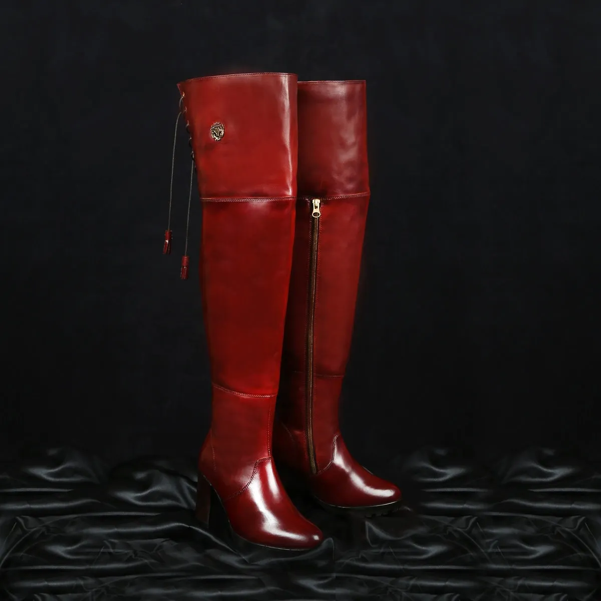 Wine  Leather Top Lace Knee High Ladies Boots By Brune & Bareskin