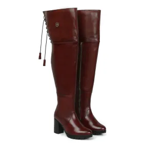 Wine  Leather Top Lace Knee High Ladies Boots By Brune & Bareskin