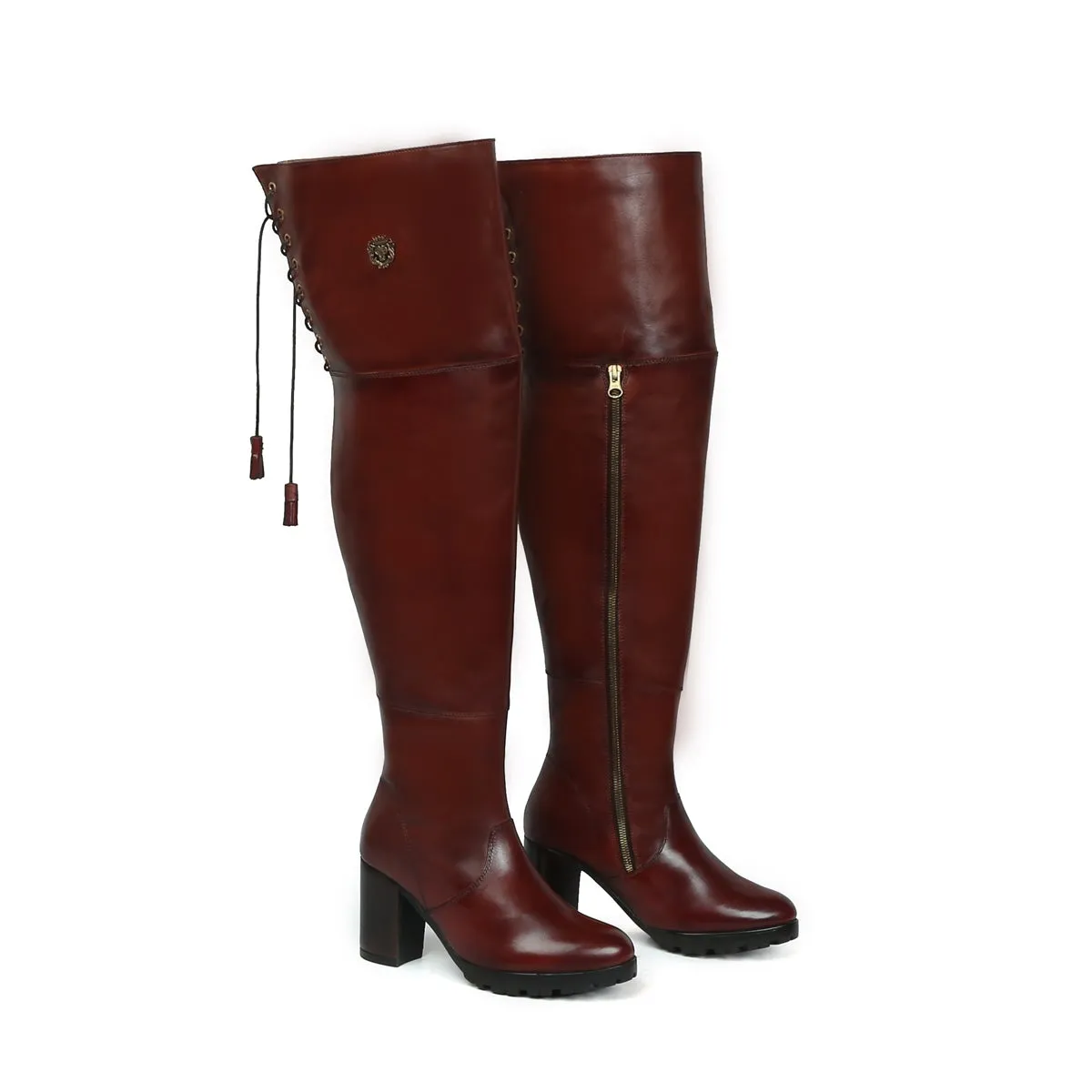 Wine  Leather Top Lace Knee High Ladies Boots By Brune & Bareskin