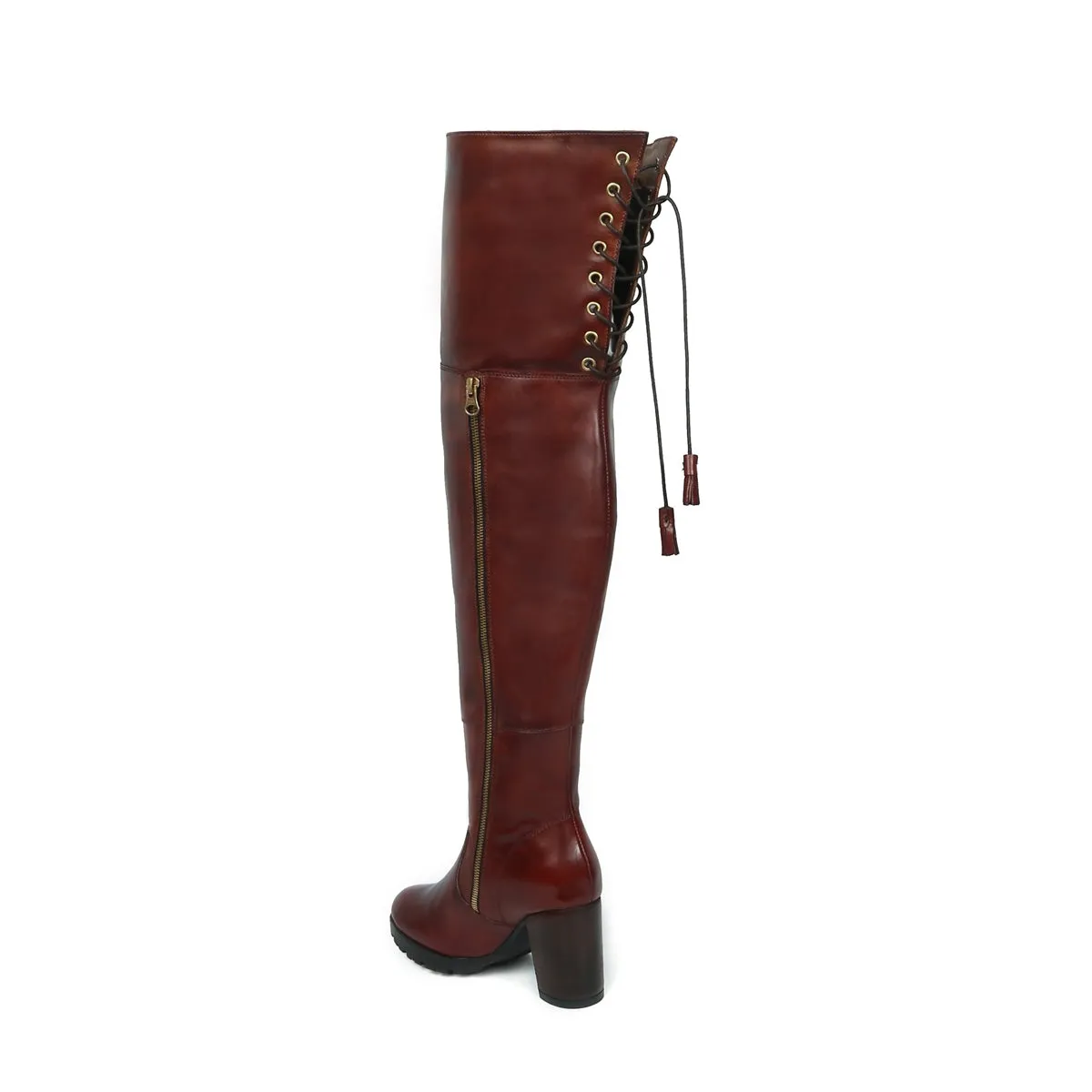 Wine  Leather Top Lace Knee High Ladies Boots By Brune & Bareskin