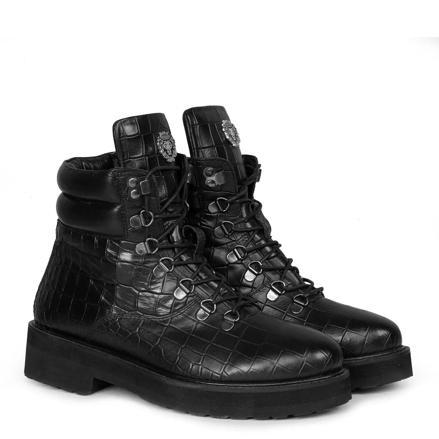 Women Light Weight Biker Boots in Black Deep Cut Croco Textured Leather By Brune & Bareskin